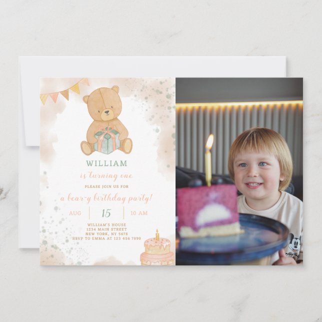 Cute Teddy Birthday Invitation With Photo  (Front)