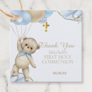 Cute Teddy Blue Balloon Boy First Holy Communion Favour Tags