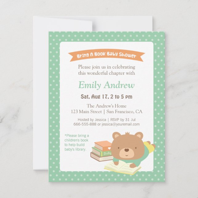 Cute Teddy Bring a Book Gender Neutral Baby Shower Invitation (Front)