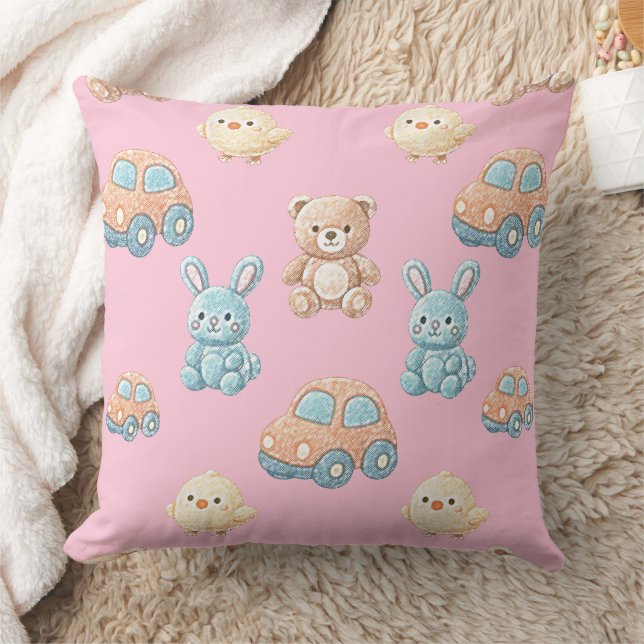 Cute Teddy & Bunny Kids Throw Pillow (Blanket)