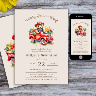 Cute Teddy Locally Grown Baby Shower Red Pickup Invitation