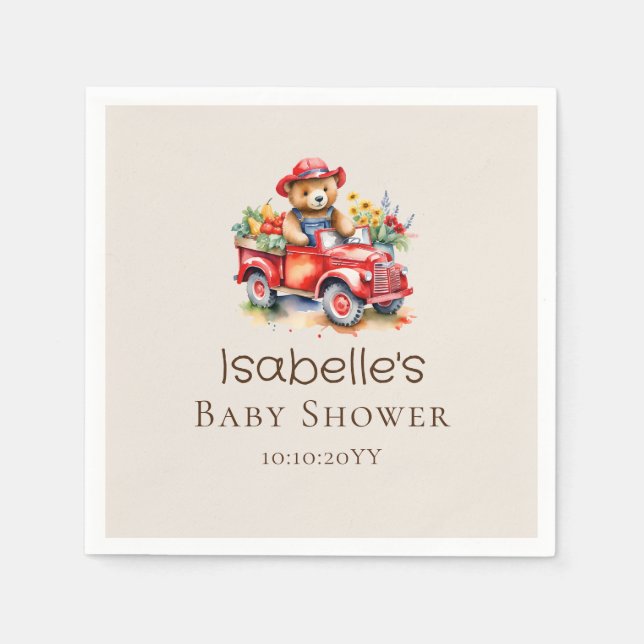 Cute Teddy Locally Grown Baby Shower Red Pickup  Napkin (Front)