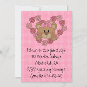Cute Teddy Love Heart Roses Kids Valentines Party Invitation