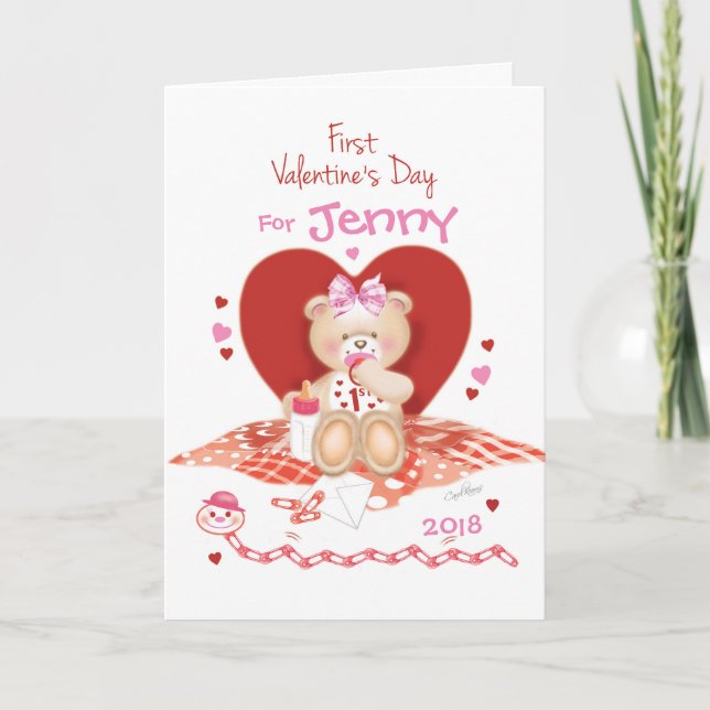 Cute teddy on Baby Girl's 1st Holiday Card (Front)