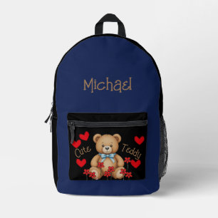 Cute Teddy Personalised Your Name Blue Printed Backpack