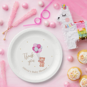 Cute Teddy Pink Balloon Thank You Baby Shower Paper Plate