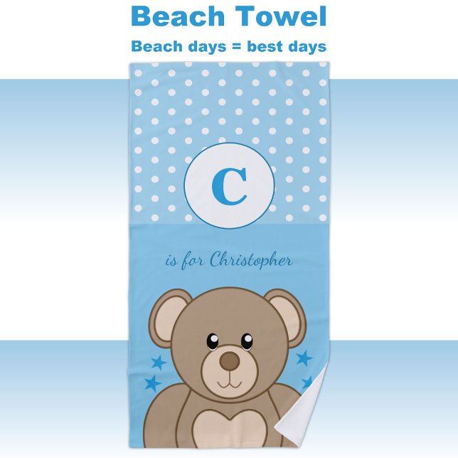 Cute teddy polka dots stars blue and white beach towel (Creator Uploaded)