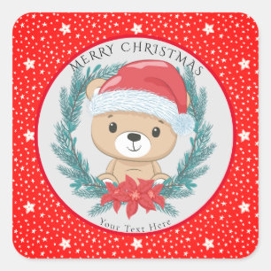 Cute Teddy Red and White Stars Merry Christmas Square Sticker