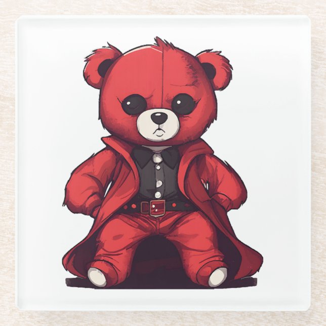 Cute teddy red boy glass coaster (Front)