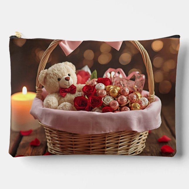 Cute Teddy Rose Basket Romantic Valentine Makeup Accessory Pouch (Front)