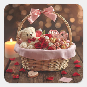 Cute Teddy Rose Basket Valentine Heart Square Sticker