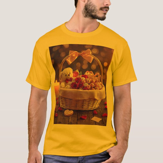 Cute Teddy Rose Basket Valentines Day Graphic T-Shirt (Front)