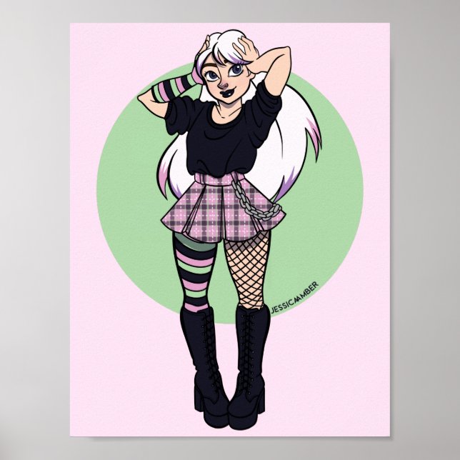 Cute Teen Punk Girl Pink Green Manga Illustration Poster (Front)
