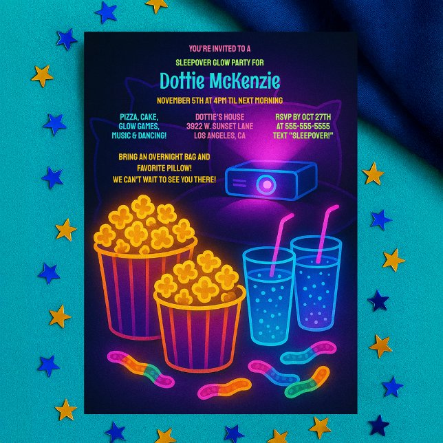 Cute Teenage Sleepover Glow Party Movie Invitation (Cute Teenage Sleepover Glow Party Movie Invitation)