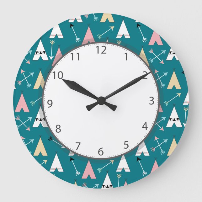 Cute Teepees and Arrows - Large Clock (Front)