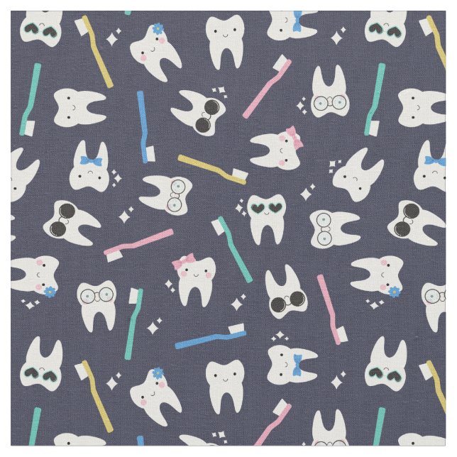 Cute Teeth Toothbrush Paediatrics Dentistry Navy Fabric (Close Up)