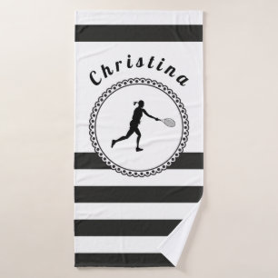 Cute Tennis Girl Black & White Personalised Player Bath Towel Set