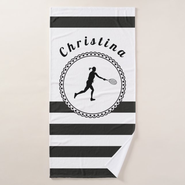 Cute Tennis Girl Black & White Personalised Player Bath Towel Set (Bath Towel)