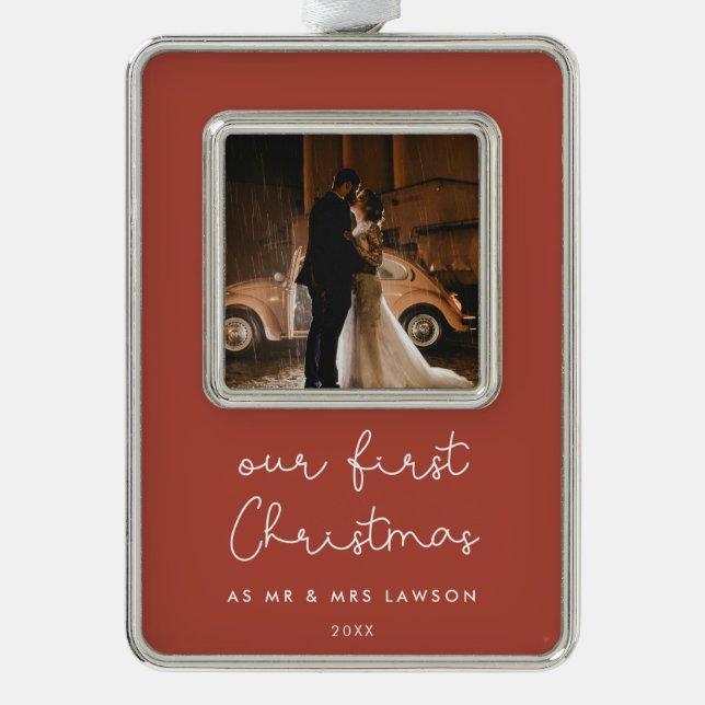 Cute Terracotta Our First Christmas Photo Silver Plated Framed Ornament (Front)