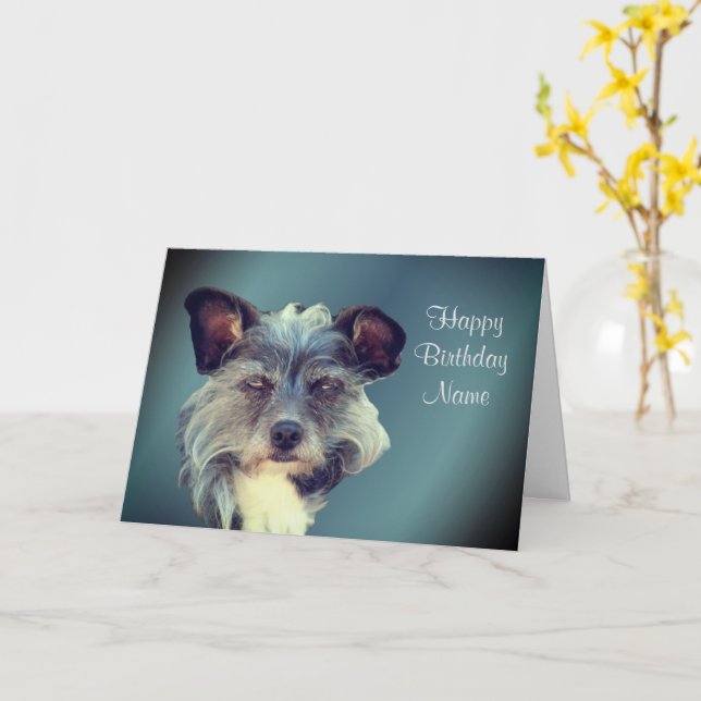 Cute Terrier Mix Mutt Personalised Birthday Card (Yellow Flower)