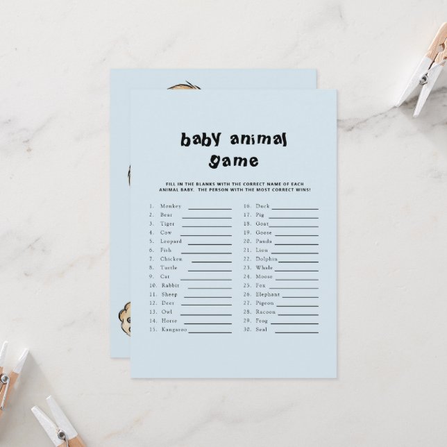 Cute Text Baby Shower Baby Animal Game Blue Invitation (Front/Back In Situ)