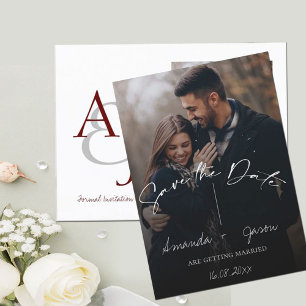 Cute Text Overlay Monogram Two Photo Wedding Announcement Postcard