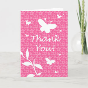 Cute Thank You Card Pink Flowers and Butterflies