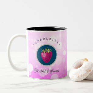 Cute Thankful and Blessed Strawberry Add Your Name Two-Tone Coffee Mug