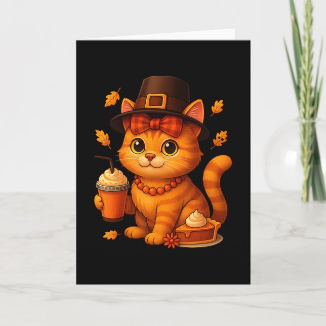 Cute Thanksgiving Cat Fall Pumpkin Pie Latte Autum Card (Front)