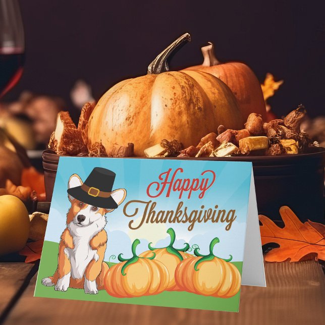 Cute Thanksgiving Corgi in Pilgrim Hat Card (Creator Uploaded)