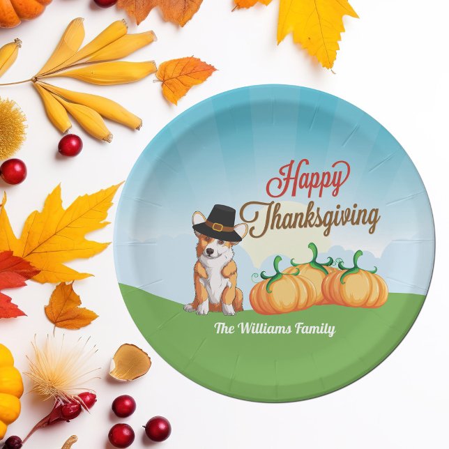 Cute Thanksgiving Corgi in Pilgrim Hat Custom Paper Plate (Creator Uploaded)