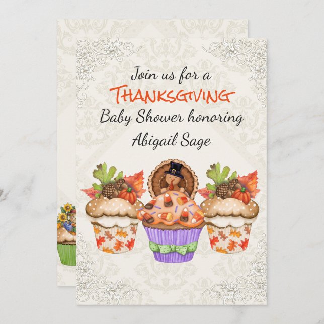 Cute Thanksgiving Cupcakes Baby Shower Invitation (Front/Back)