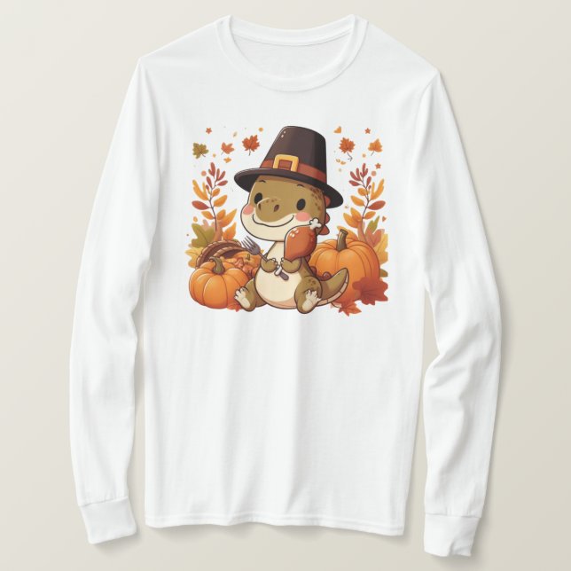 Cute Thanksgiving Dinosaur T-Shirt (Design Front)