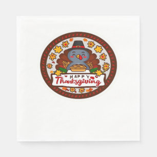 Cute Thanksgiving Gnome with Turkey Illustration C Napkin
