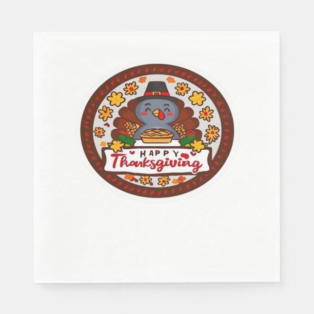 Cute Thanksgiving Gnome with Turkey Illustration C Napkin (Front)