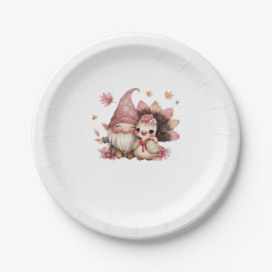 Cute Thanksgiving Gnome with Turkey Illustration C Paper Plate