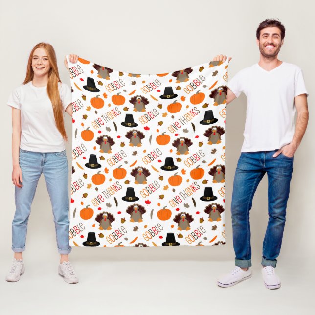 Cute Thanksgiving Pattern Gobble Give Thanks Fleece Blanket (In Situ)