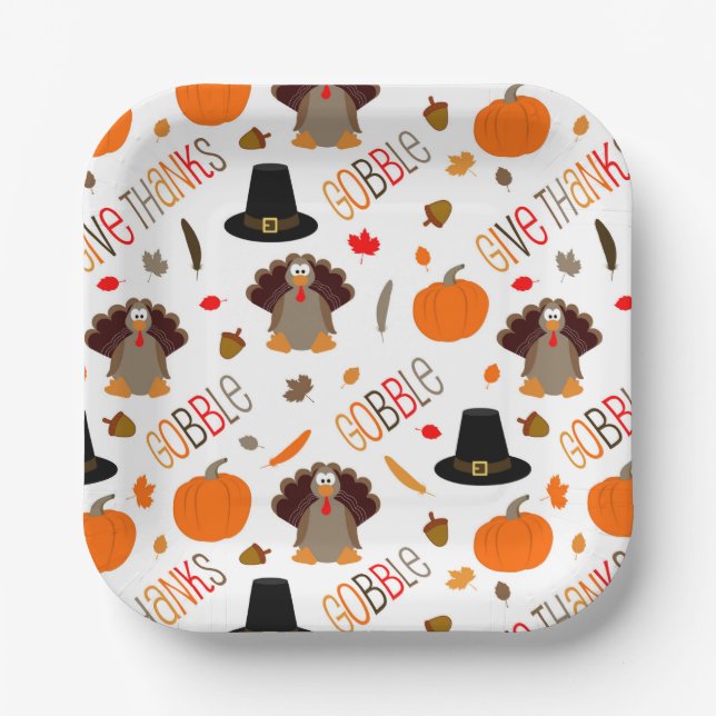 Cute Thanksgiving Pattern Gobble Give Thanks Paper Plate (Front)