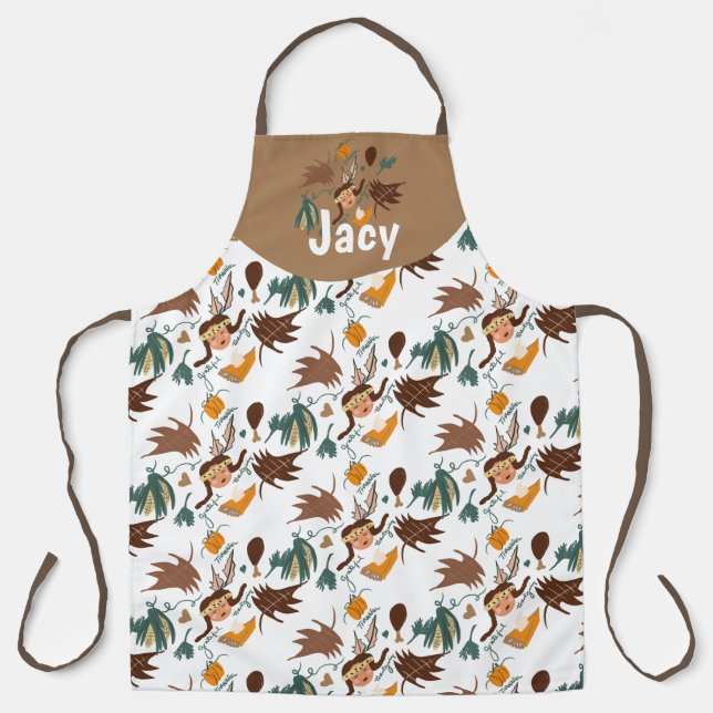 Cute Thanksgiving Pilgrim Fall Greenery Doodles Apron (Front)