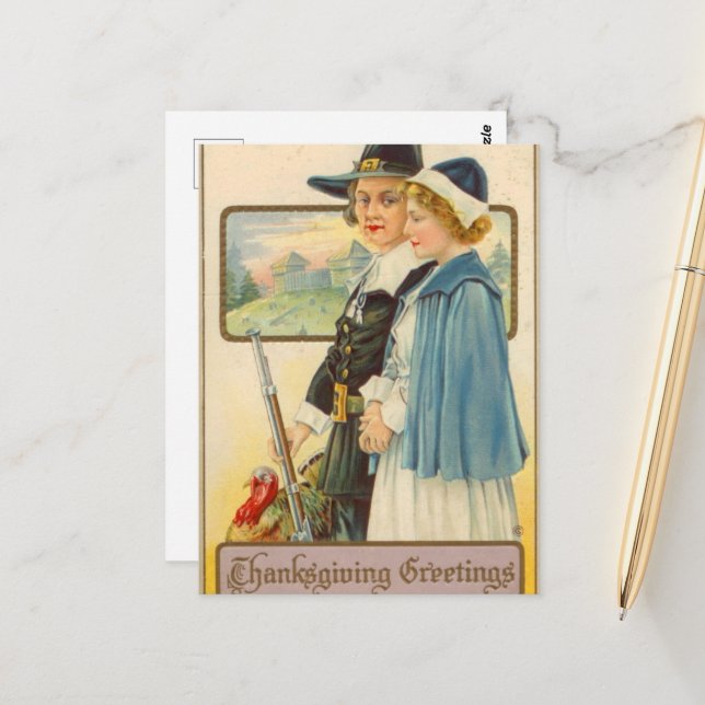 cute Thanksgiving Pilgrim vintage Holiday Postcard (Front/Back In Situ)