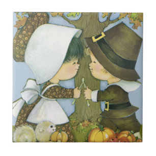 Cute Thanksgiving Pilgrim Wishes Tile