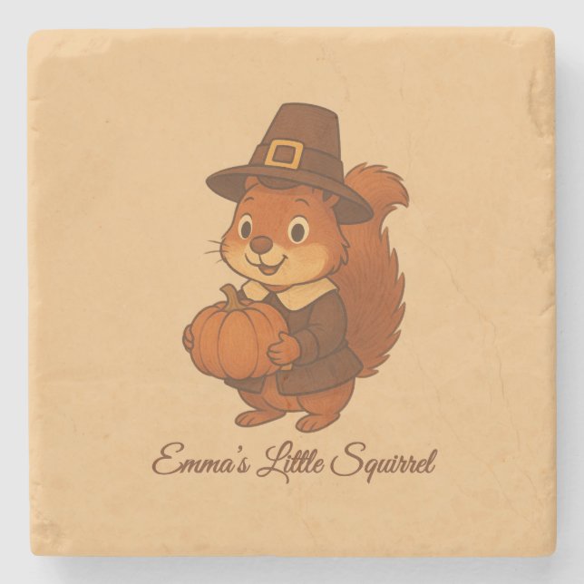 cute Thanksgiving Squirrel Pumpkin illustration Stone Coaster (Front)