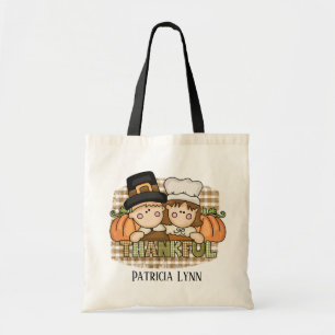 cute Thanksgiving Thankful Pilgrims add name Tote Bag