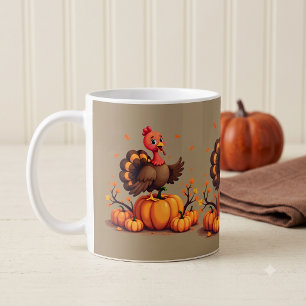 Cute Thanksgiving Turkey Autumn Pumpkins Scene Coffee Mug