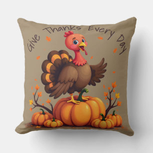 Cute Thanksgiving Turkey Autumn Pumpkins Scene Cushion