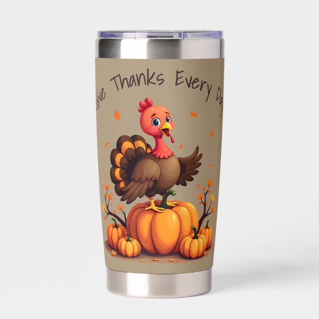 Cute Thanksgiving Turkey Autumn Pumpkins Scene Insulated Tumbler (Front)