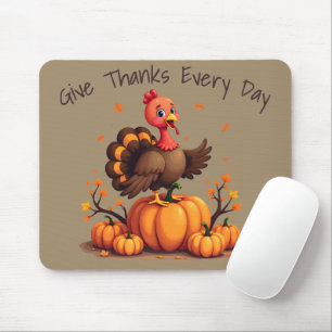Cute Thanksgiving Turkey Autumn Pumpkins Scene Mouse Pad