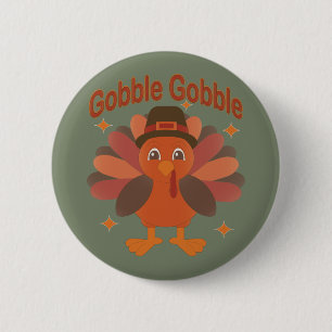 Cute Thanksgiving Turkey Cartoon – “Gobble Gobble” 6 Cm Round Badge