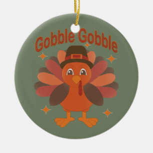 Cute Thanksgiving Turkey Cartoon – “Gobble Gobble” Ceramic Tree Decoration