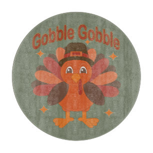 Cute Thanksgiving Turkey Cartoon – “Gobble Gobble” Cutting Board
